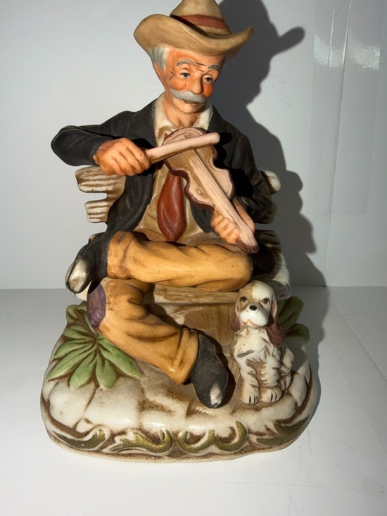 Other - Vintage Porcelain Old Man Playing Fiddle Figurine with Dog on Bench
